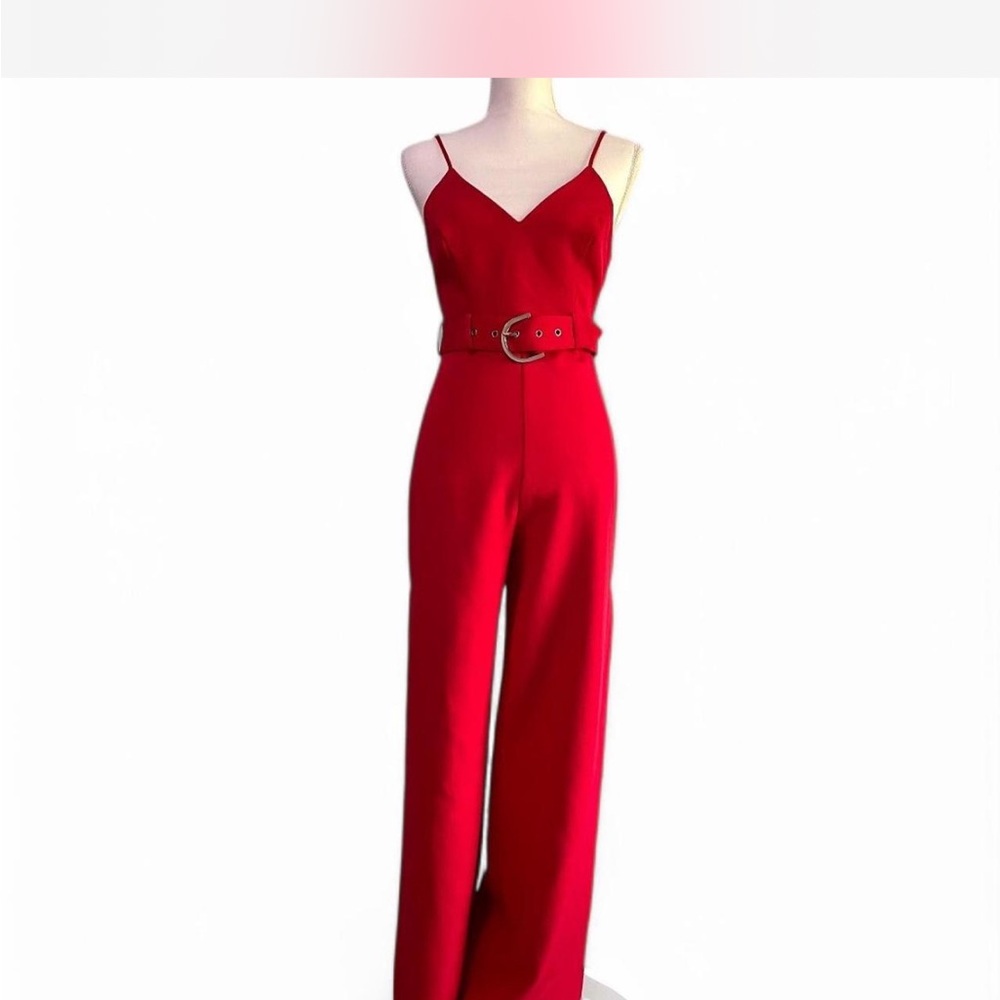 Express Red Jumpsuit with Spaghetti Straps and Wide-Leg Design